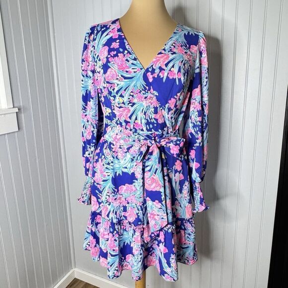 Lilly Pulitzer Sz 8 Rosie Stretch Dress Womens Navy Turquoise Pink Belted NICE - Picture 3 of 16